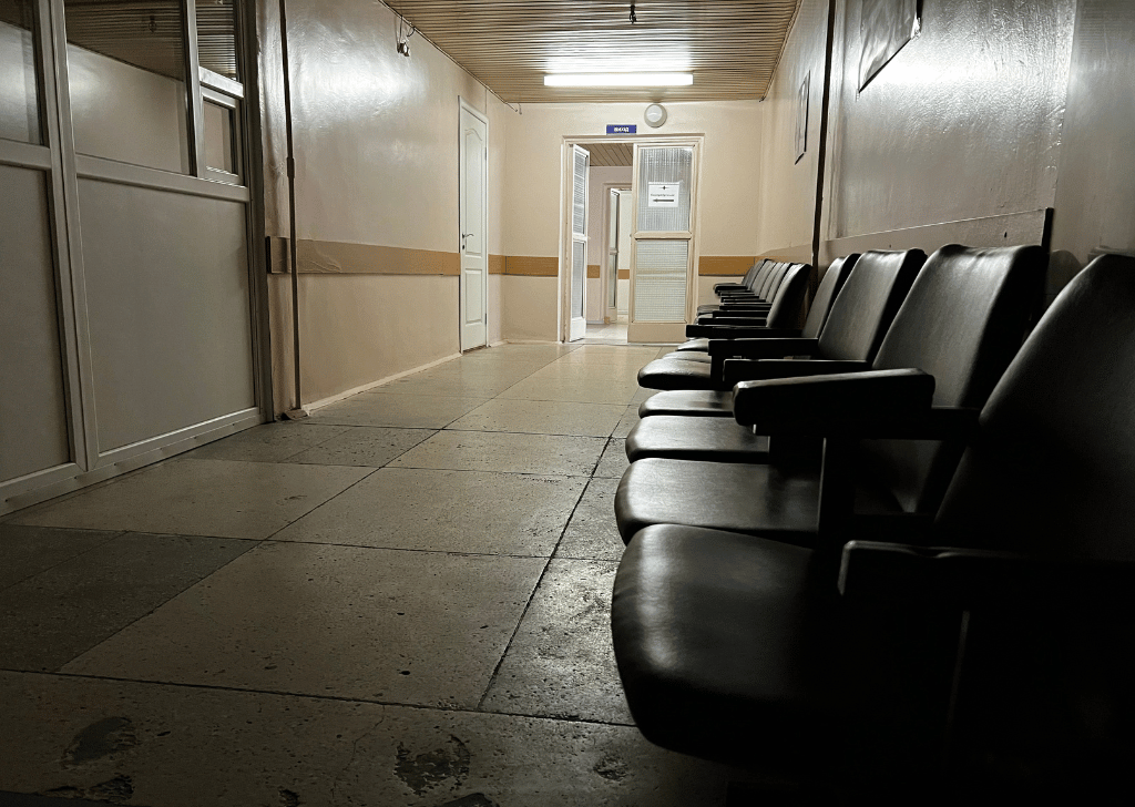 Empty waiting room in closed rural hospital