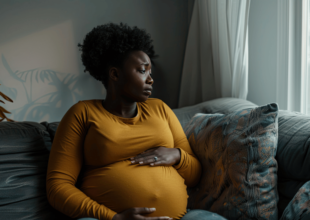 Black pregnant woman sitting on sofa in living room, sad African-American girl with big belly suffering from depression and crying