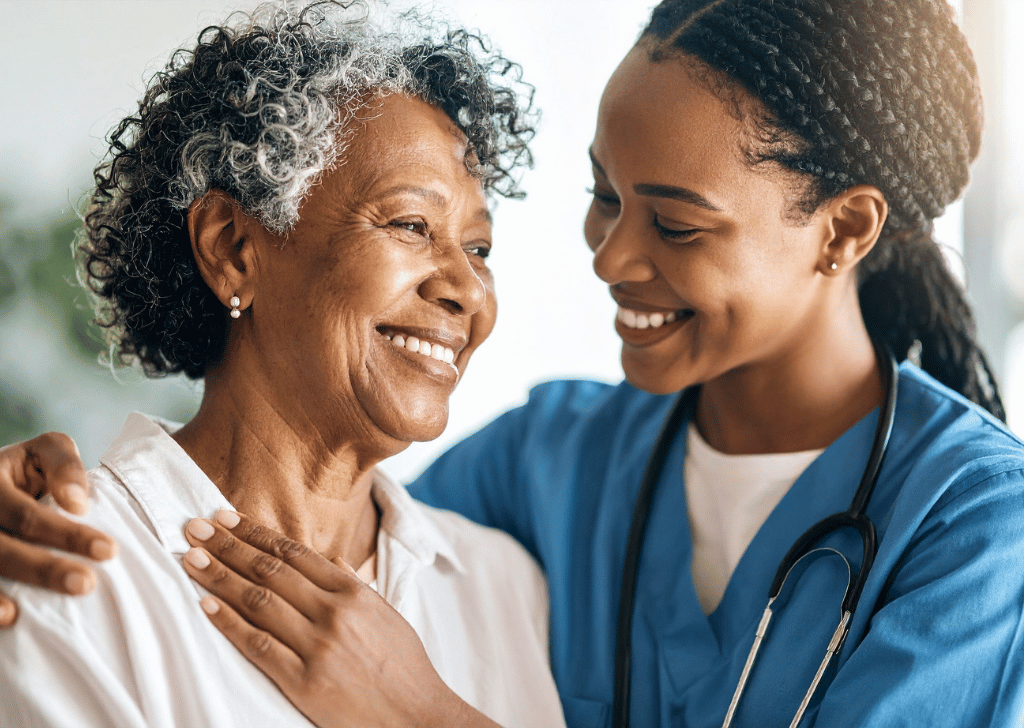 Friendly Nurse Supporting Senior Woman Patient