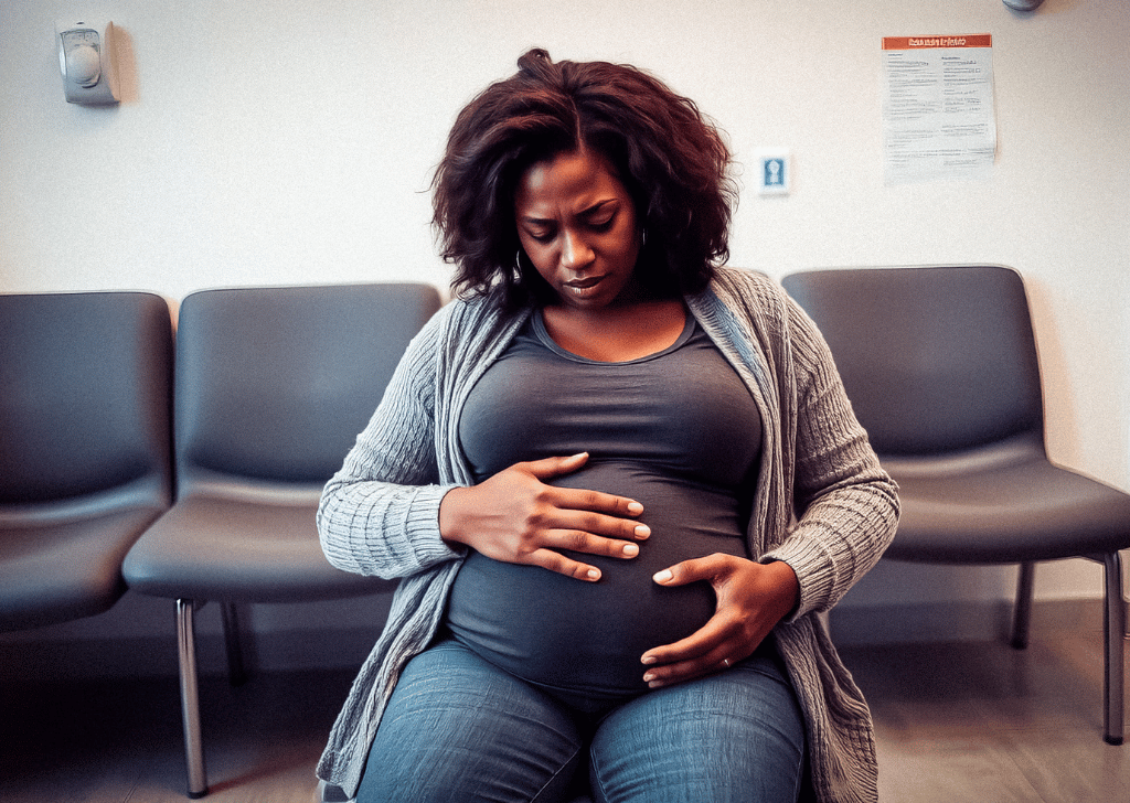 Concerned pregnant woman looks downward while holding her belly on the sofa.
