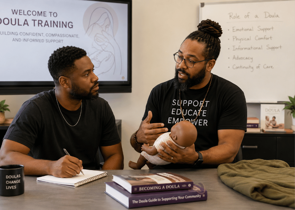 A Black man takes notes while another Black man leads a doula training discussion